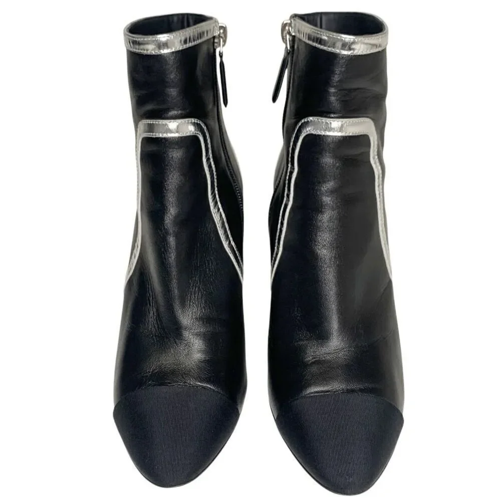 Chanel Interlocking C Black Leather and Grosgrain Ankle Booties EU 37.5 US 6.5-7